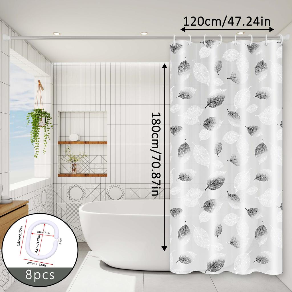 Simple and Fresh Leaf-Patterned Bathroom Shower Curtain, Blocking and Separating Areas, Quick-Drying and Washable