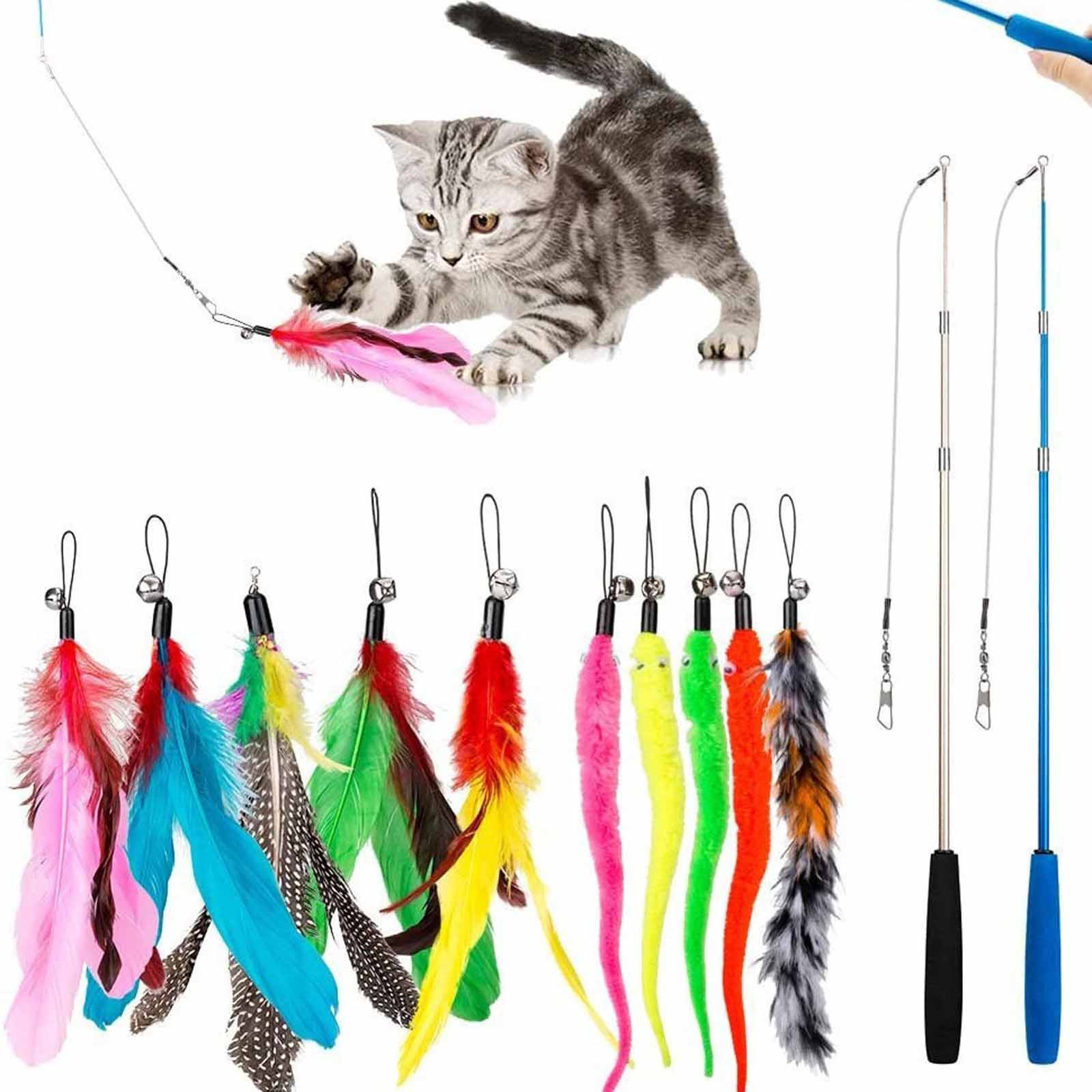 

Teasing Stick with Plush Toy, Feather Replacement Head, Extendable Rod, Self-Entertainment Chewing Toy Set for Cats One Size