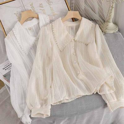 Fashion Peter Pan Collar Shirt Spring Elegant Hollow Out Lace Blouses Women Tops Office Ladies Long Sleeve Coat Women Clothing 14562