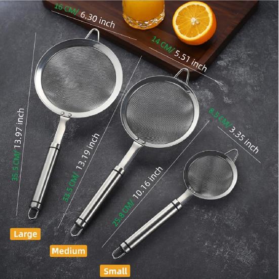 3.3inch 304 Stainless Steel Fine Mesh Strainer for Kitchen, Colander-Skimmer with Handle, Metal Sieves Sifters
