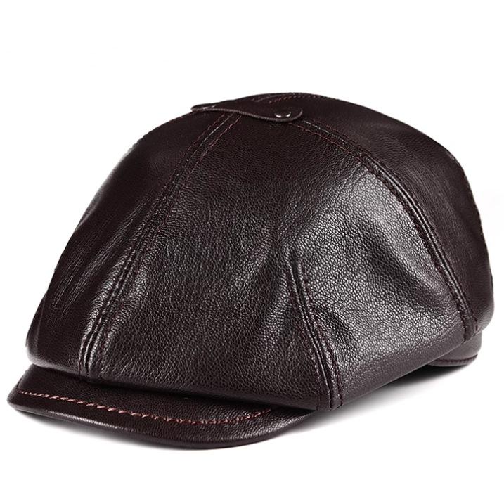 Men's Genuine Goatskin Leather Newsboy Cap - Autumn/Winter Outdoor Cold-Proof & Warm Fashion Beret