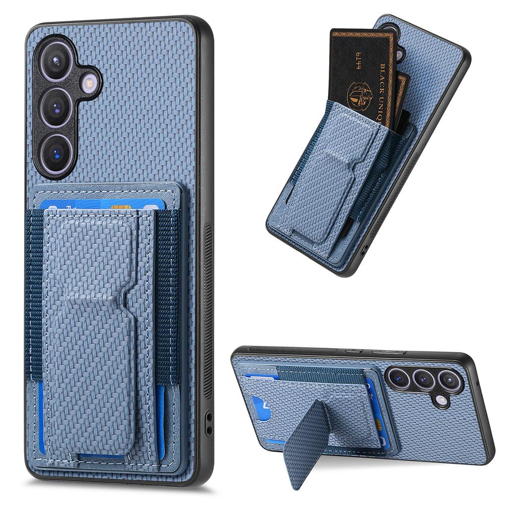 For Samsung Galaxy S25+ Case with Card Holder Kickstand Fiber Pattern Leather Back Cover