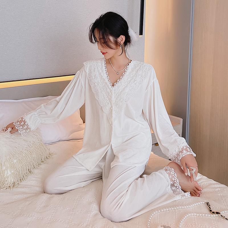 

Милая кружевная отделка пижамы для женщин новый осень зима длинный рукав брючный костюм пижама для женщин свободный повседневный домашний комплект одежды XL белый
