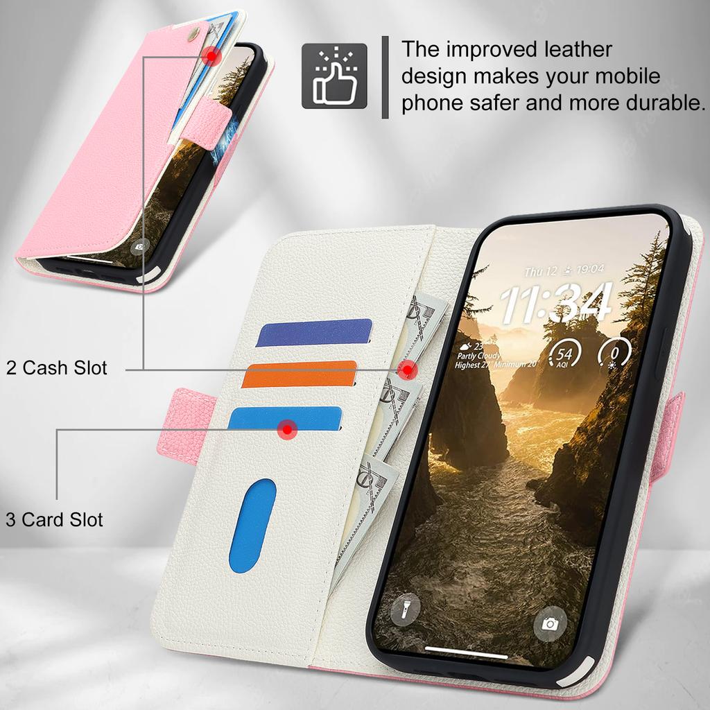 Cartera de Cuero con Tapa Color Block Ranura para Tarjetas Estuche para iPhone 17 Pro Max 16 15 14 Soporte Resistente a Golpes con Correa de Muñeca Funda de Bolso