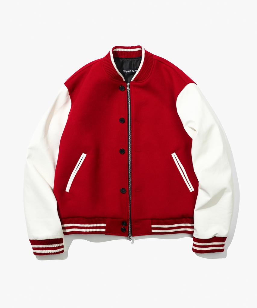 Trip Le Sens Double Button Zipper Wool Varsity Jacket_Red