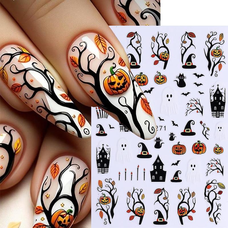 1/6 Pcs Halloween Nail Stickers Cute Skull Pumpkin Ghost Spider Nail Slide Decals Nail Supplies Manicure Decoration