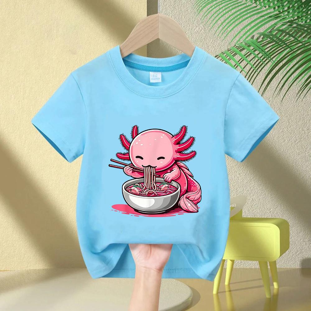 Anime Kawaii Axolotl Eating Ramen Noodles Kids Teen Girl Boy TShirt Cute Artwork Axolotl Lover Graphic Top Japanese Cartoon Tee