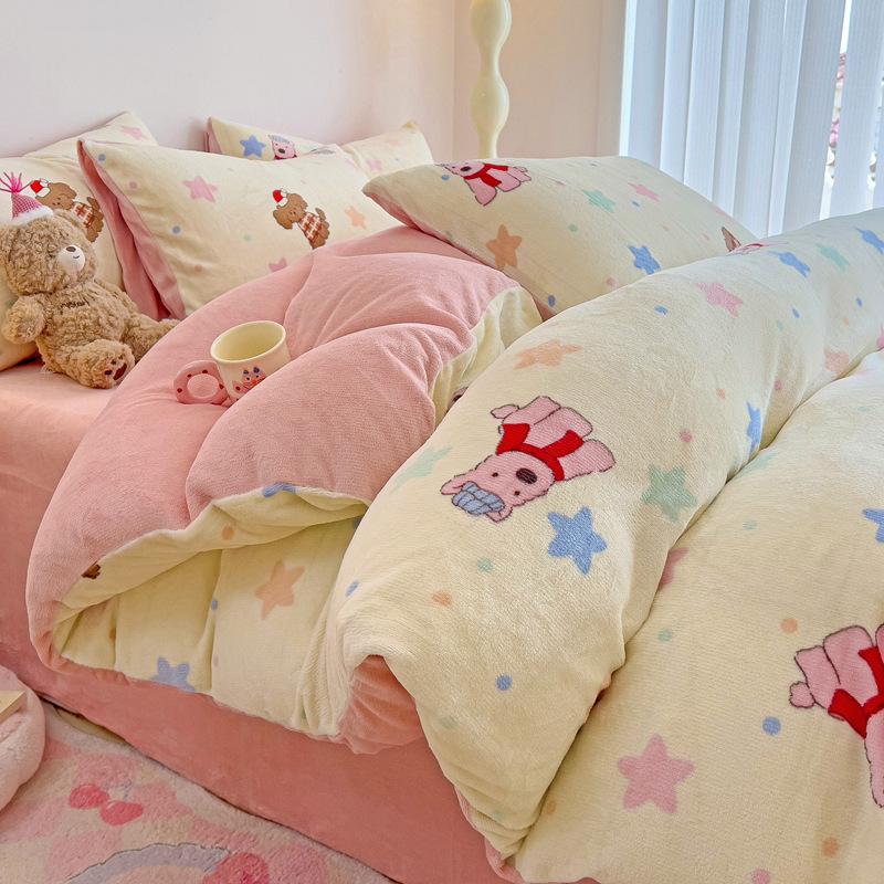 Thickened Milk Fleece Four-Piece Set Double-Sided Coral Flange Fleece Bed Sheet Quilt Cover Three-Piece Set Of Bed Hat