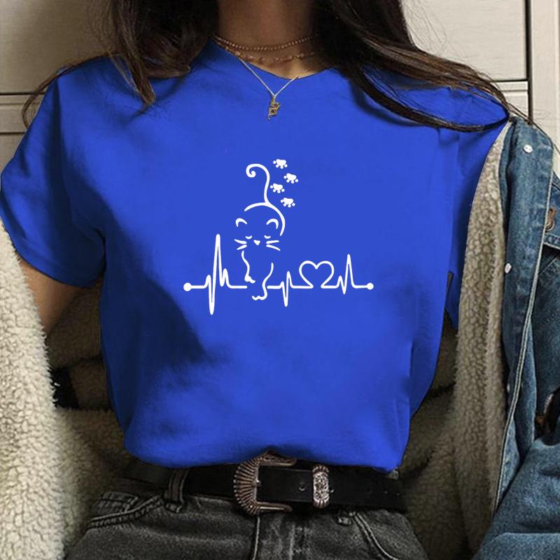Cute Cat Paw Heartbeat Pattern Printed T-Shirt Women's Fashion Summer Round Neck Cat Harajuku T-Shirt Tops
