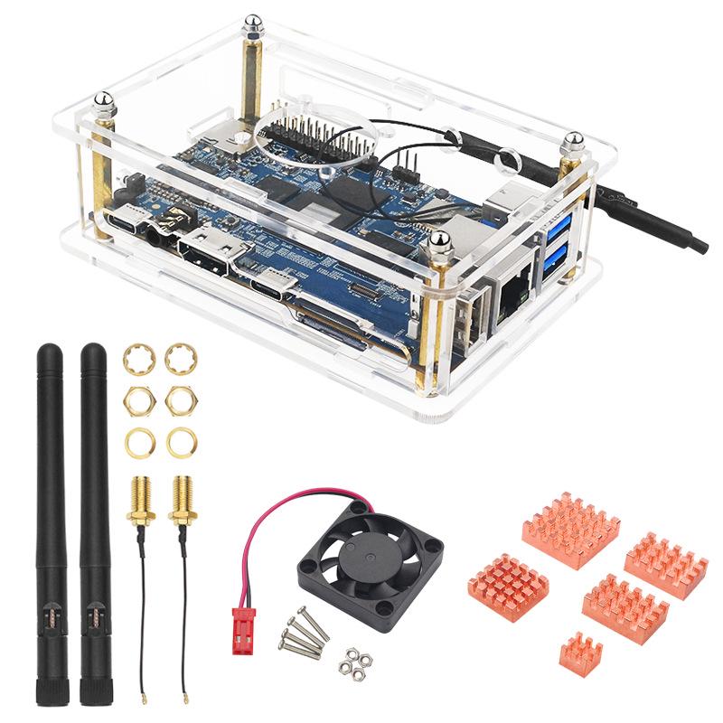 Orange Pi 5B Transparent Acrylic Case with Fan, WIFI, Bluetooth Receiver, and Orange Pi 5 Protection.