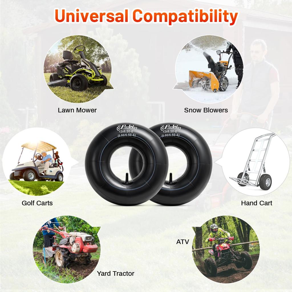 PaoWin Tire Tubes with TR13 Lawn Mower Lawn Mower Hand Cart Tiller Tubes 2-Pack 13x6.50-6 Tubes, 13x6.50-6 Valves, 13x6.50-6 Tubes, 13x6.50-6 Tubes,