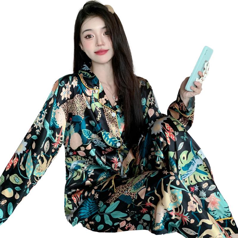 Women's Ice Silk Pajama Set: Long Sleeve Cardigan & Pants