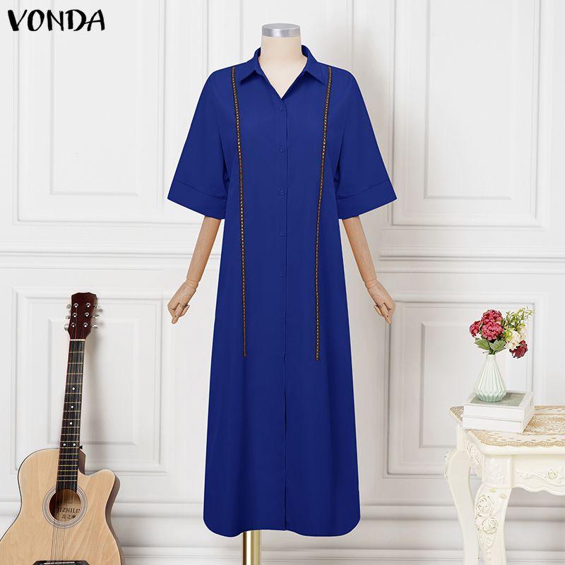 VONDA Women Lapel Neck Long Sleeve Embroidery Hem Casual Long Elegant Shirts Dress