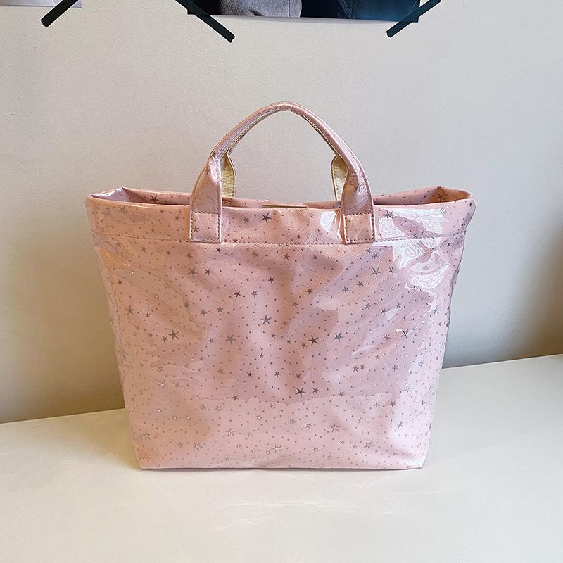 Pink Star Print Tote Bag for Women Large Capacity Waterproof Shiny Handbag Casual Daily Shopping Shoulder Bag for Travel