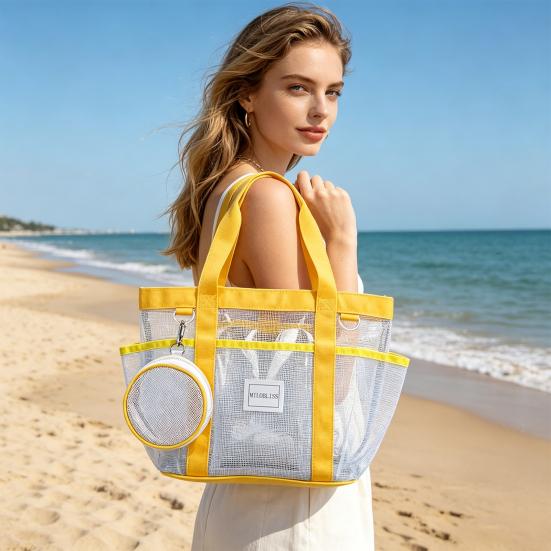 Large Mesh Beach Tote Bag, Family Beach Bag for Toys & Vacation Essentials, Quick Drying Sand-proof Waterproof Storage Pouch