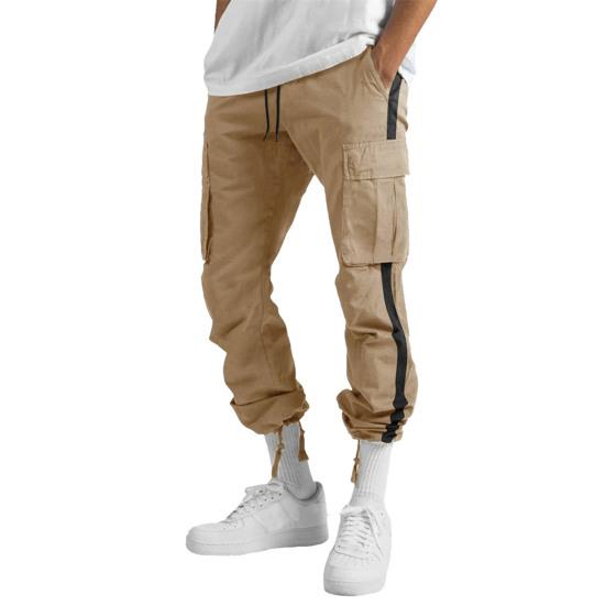 Men Pants with Multi Pockets Drawstring Elastic Waist Wide Leg Loose Cargo