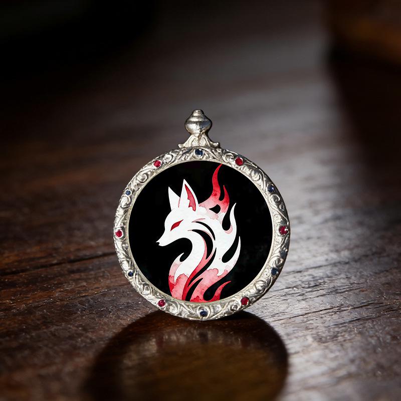 3.5" Silver Conch Shell Copper Thangka Pendant with Green Zhaki Wolf King Design