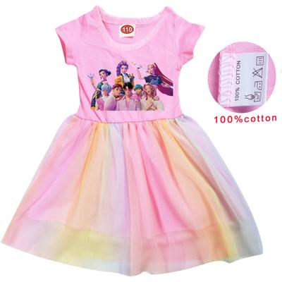 Kids Girls Anime Cartoon K-Pop Print Short Sleeve Cotton Casual Rainbow Dress
