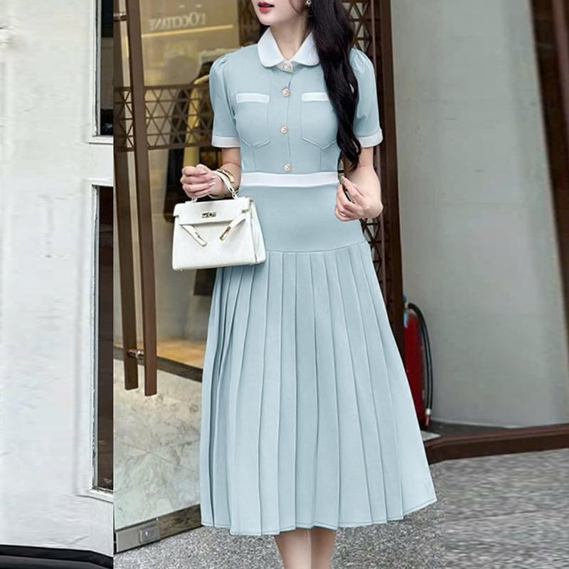ZANZEA Women Casual Turn Down Collar Summer Short Sleeve Pleated Dress S синий