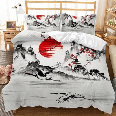 Set Copripiumino Tendenza Nazionale Fiori di Ciliegio Gru Stampato Set Biancheria da Letto Onde del Mare Piuma Retro Tradizionale Copripiumino in Poliestere