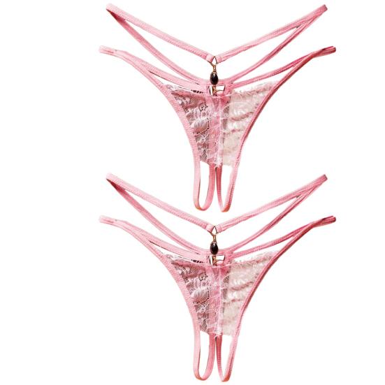 2Pcs Erotic Women Lace See Through Hollow Out Open Crotch G-String Underwear