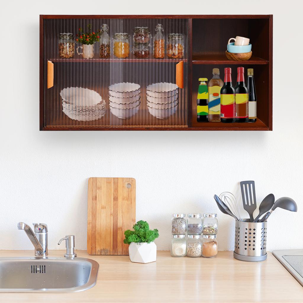 Wall Mount Bamboo Wood Pantry Cabinet,77/80cm 2 Tiers Log Color/Walnut Rectangular Wall Sideboard with Glass Doors for Kitchen