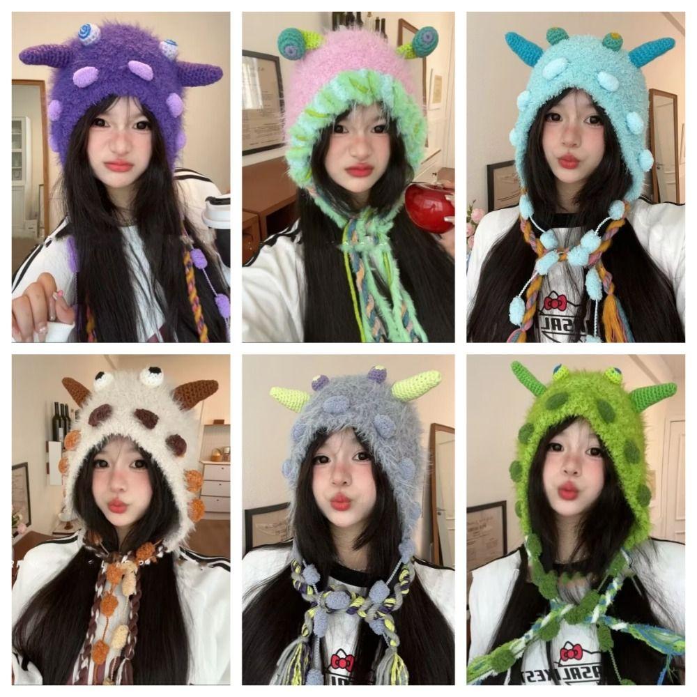 Knit Cleat Plush Beanies Hat Earflap Tassels Hat Cute Alpaca Fiber Pullover Cap Outdoor