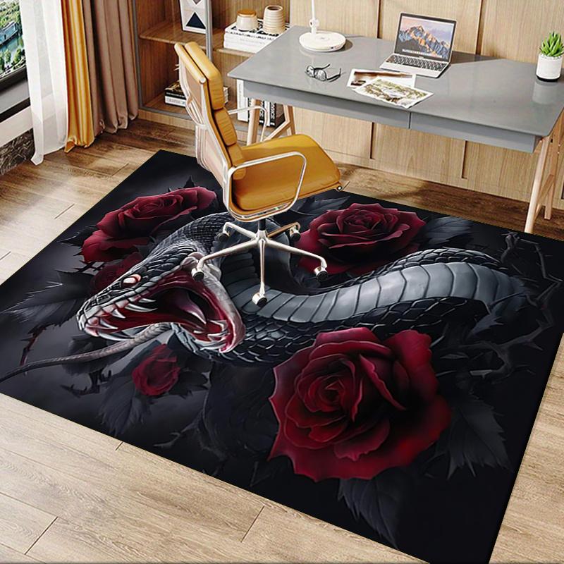 Black Snake and Red Roses Chair Mat Office Carpet, Oversized Rug for Home Decor, Desk Pad Gift, Suitable for Bedroom, Living Room, Various Rooms