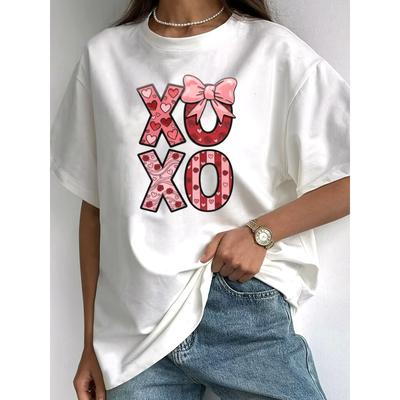 T-shirt da donna a maniche corte, taglia europea, cinque colori. "XOXO" Maglietta Grafica per San Valentino Donna Estate Nuova Stampa Rosa con Fiocco e Cuori Top