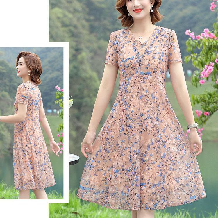 Large Size Dress Women Short Sleeved Loose Floral Dress Summer Mesh Breathable Dress A-line Print Mid Length Dress