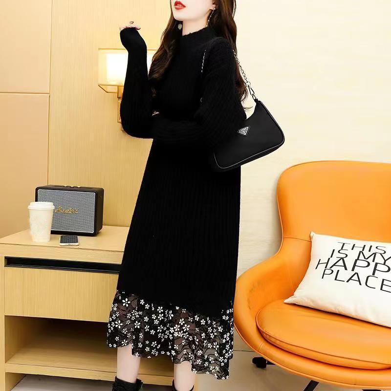 

Пуловер, свитер, женский кружевной французский свитер с половиной воротника, вязаное платье из двух частей, свитер с длинными рукавами, пуловер, женское платье One Size