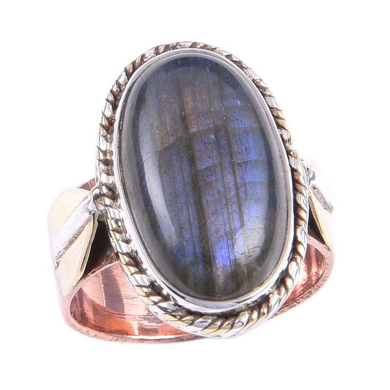 Natural Labradorite Gemstone Handmade 925 Sterling Silver Two Tone Ring S.6 Y7m38