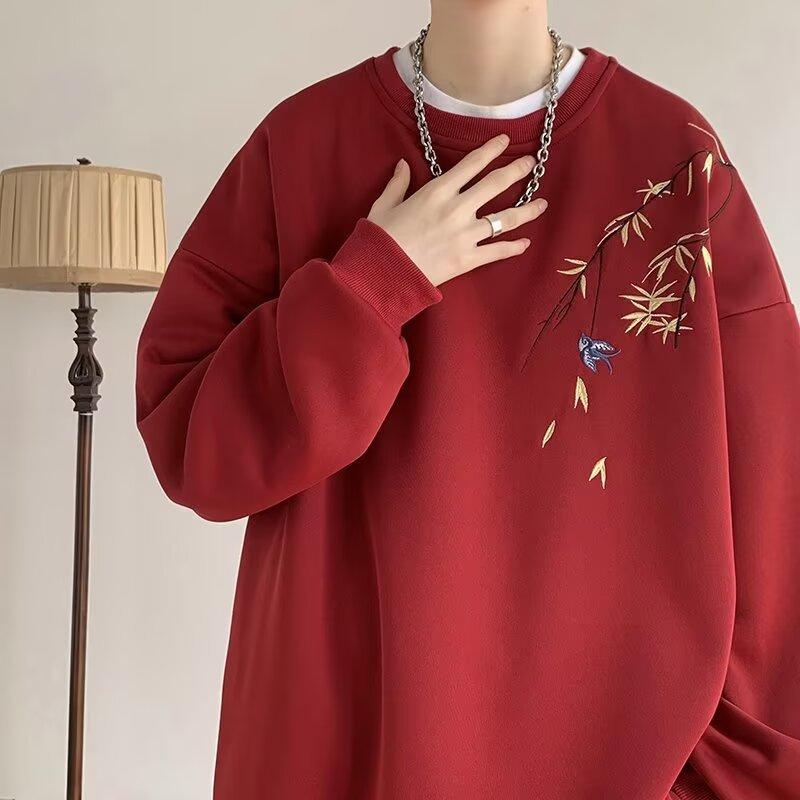 Chinese Bird Print Men Oversized Sweatshirt Fashion Loose Long Sleeve Couple Clothes