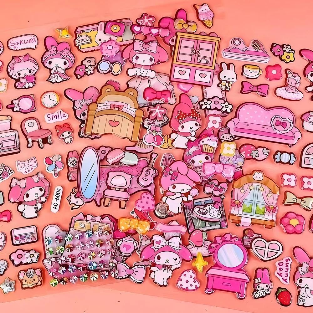 6pcs Cute Cartoon Double layered 3D Stickers Kuromi Melody Stickers DIY Decoration Laptop Phone Fridge Large Bubble Sticker toy