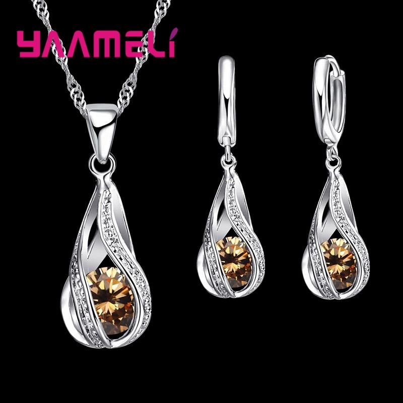 Wassertropfen Zirkonia 925 Silber Plated Schmuckset Für Damen Anhänger Halskette Creolen Hochzeitsparty Zeremonie Ring