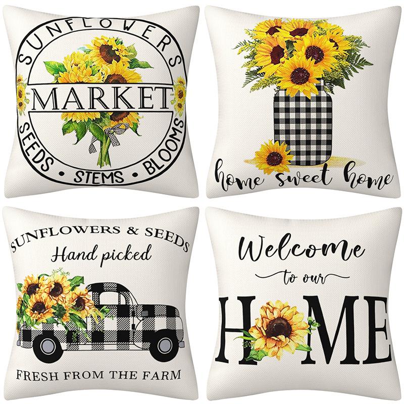 Spring and Summer Household Goods Decoration Black and White Plaid Pillow Case Sunflower Truck Pillow Cushion Pillow Case
