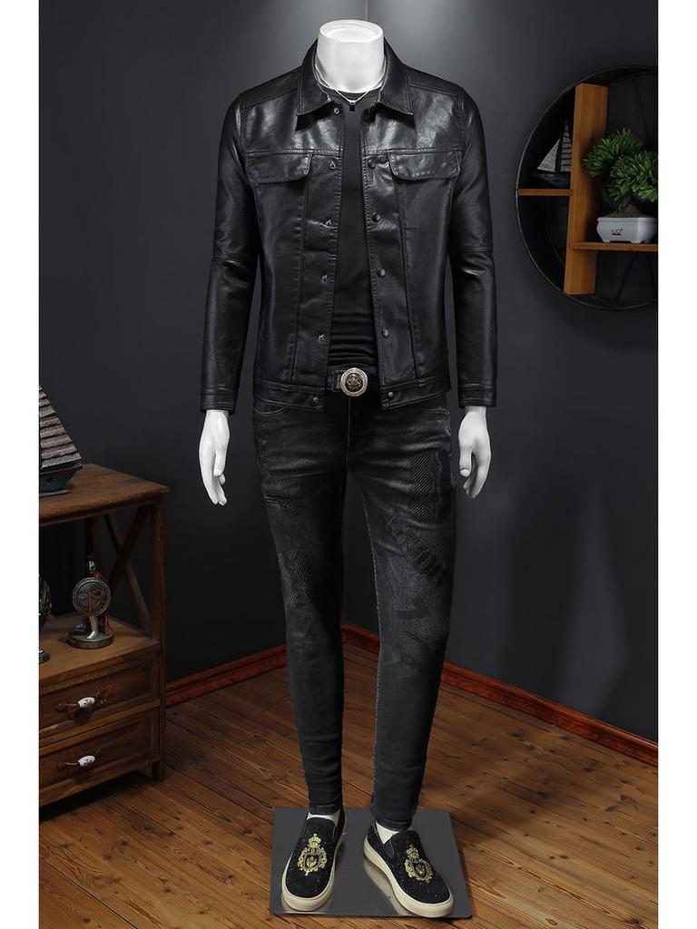 2023 Men's Slim Fit Biker Leather Jacket with Turn-Down Collar