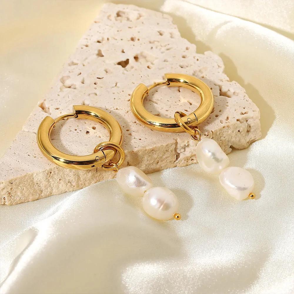 EManco Natural Hoop Earrings Stainless Steel Metallic Double Pearls Engagement Fashion Accessories Gifts