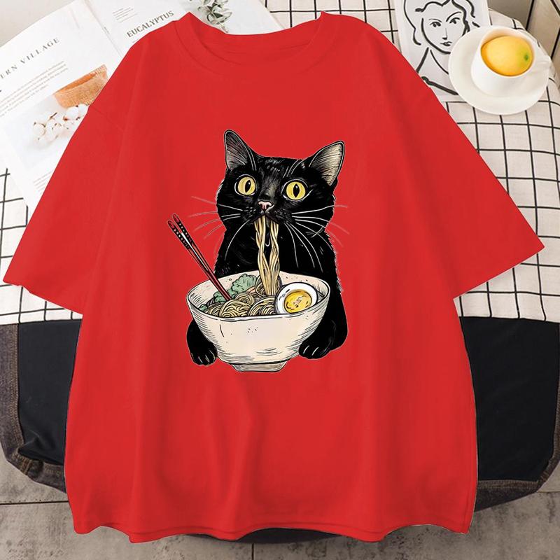 Noodle Ramen Cat T-Shirt Foodie Lover T Shirts Black Cat Noodle T-Shirts Retro Casual Short Sleeve Tshirt for Men Women Clothes