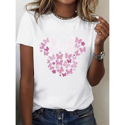 Taglia Europea 1pz T-shirt da Donna con Stampa Floreale, Farfalle e Fiocco, Top Casual Girocollo a Maniche Corte, Maglietta Sportiva alla Moda con Tessuto a Media Elasticità,