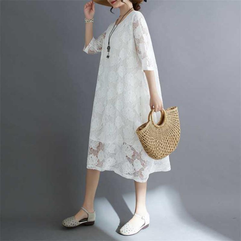 Summer Ethnic Style Lace Vintage Loose Dress Women Print Solid Color Round Neck Patchwork Pocket Long Sleeved Casual Versatile Dresses
