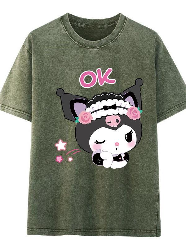 Women's Retro Washed Black Cotton T-Shirt - Distressed Letter Print, Short Sleeve, Loose Fit, Casual Summer Top