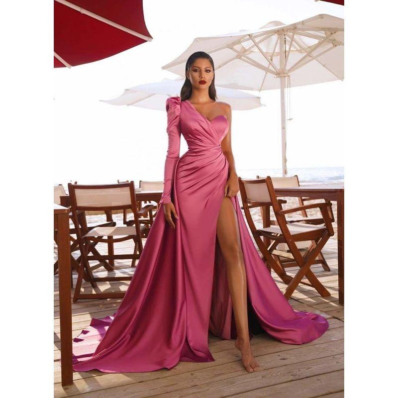 Sexy One Shoulder Evening Dress Silks and Satins Long One-Shoulder Trailing Banquet Evening Dress