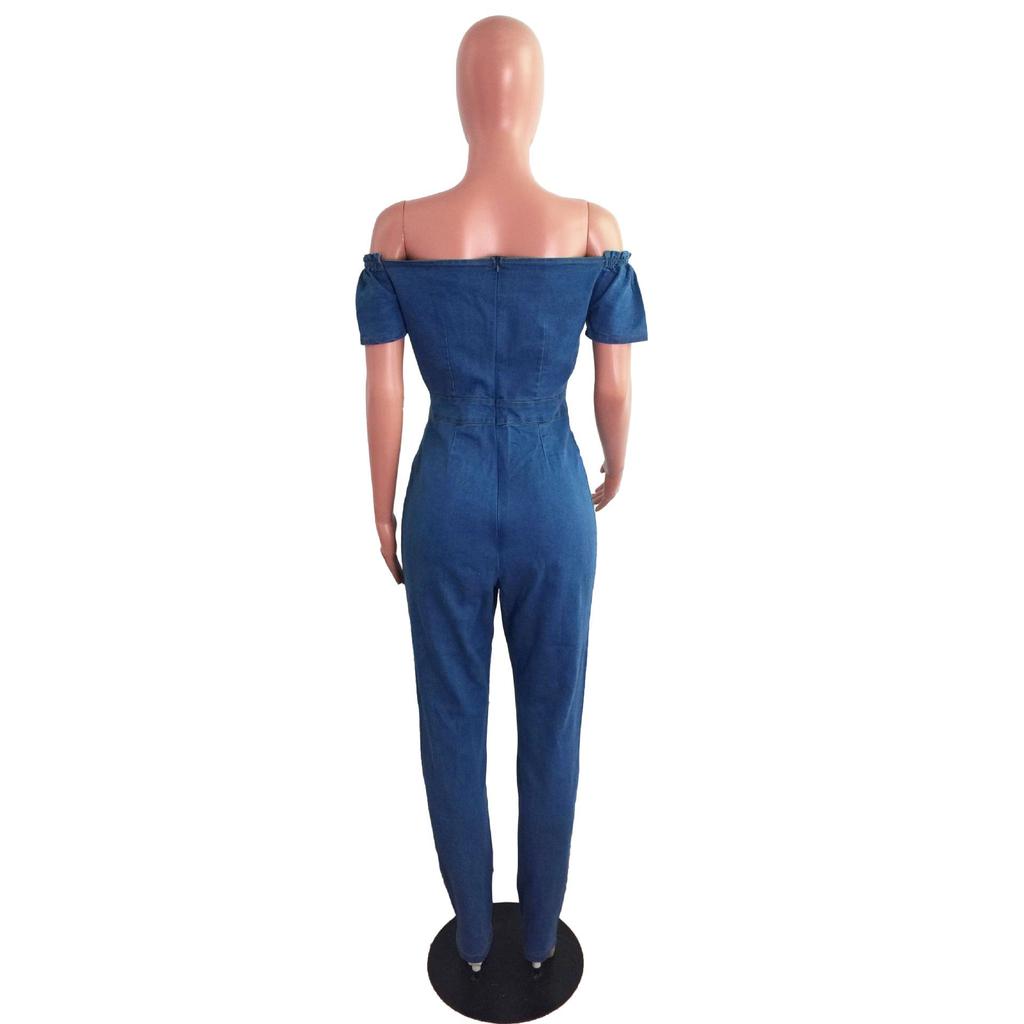 Women's One-shoulder Eyelet Lace-up Sexy Denim Jumpsuit - European & American Fashion 2023