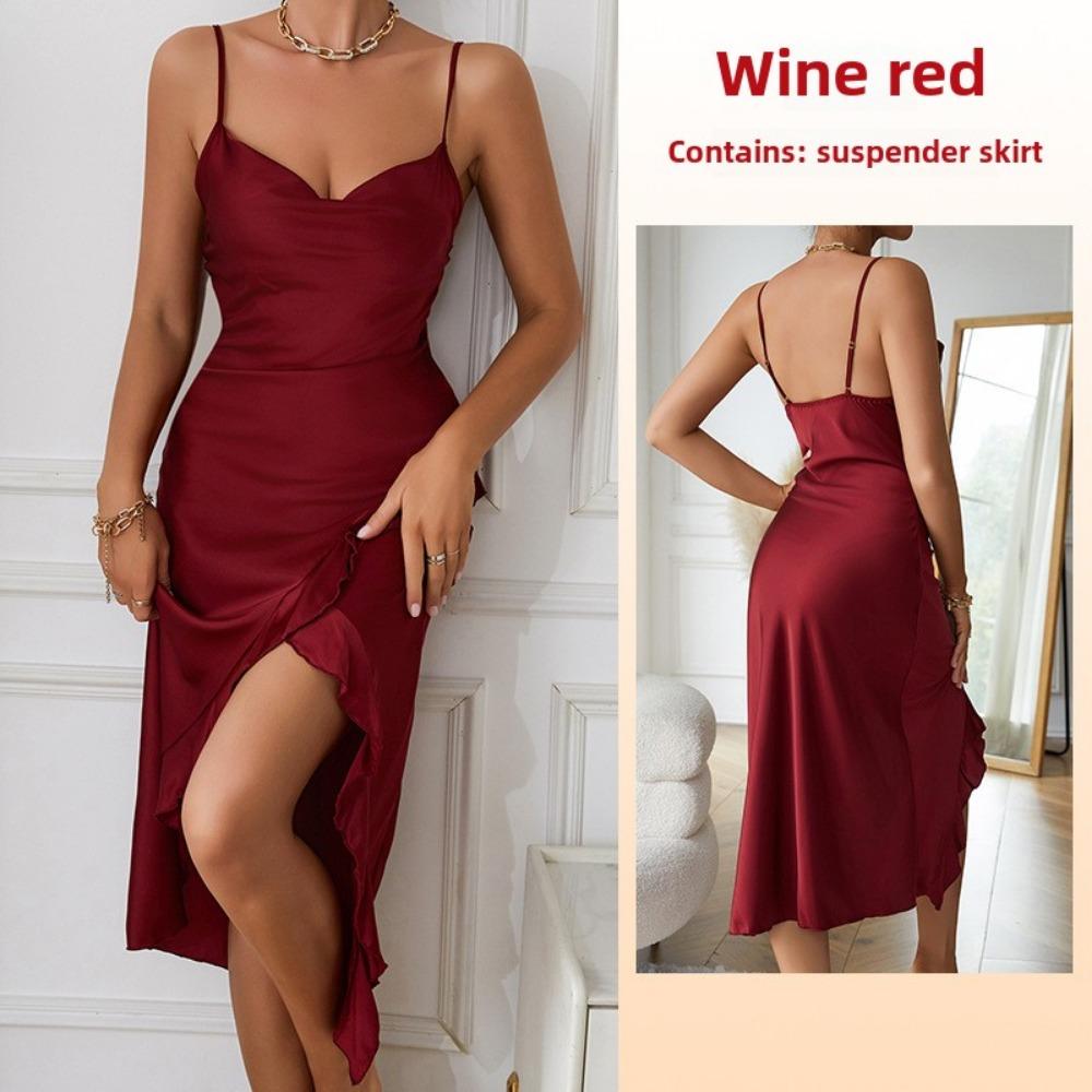 Suspender Nightgown Sexy Charming Ruffle Bottom Swing Split Pajamas Loungewear