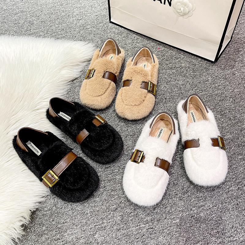Soft-soled Fluffy Shoes Women's 2025 New Autumn and Winter Korean Version Round Head Velvet Cotton Shoes One Pedal Doudou Shoes Cotton Shoes Women's