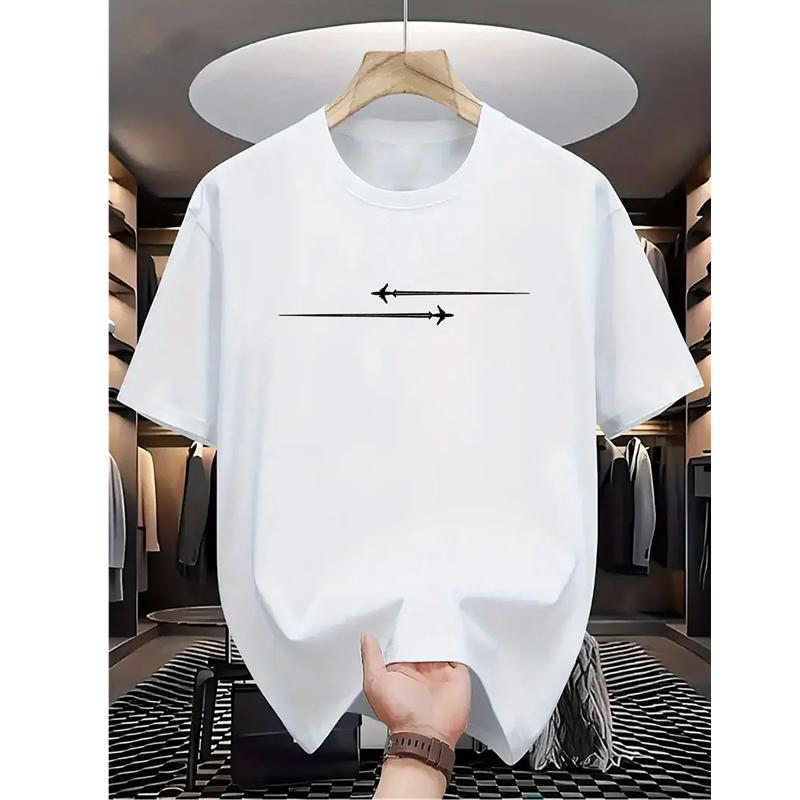 T-shirt d'été décontracté pour homme, tissage lâche, motif avion créatif imprimé, confortable, sport, col rond, manches courtes