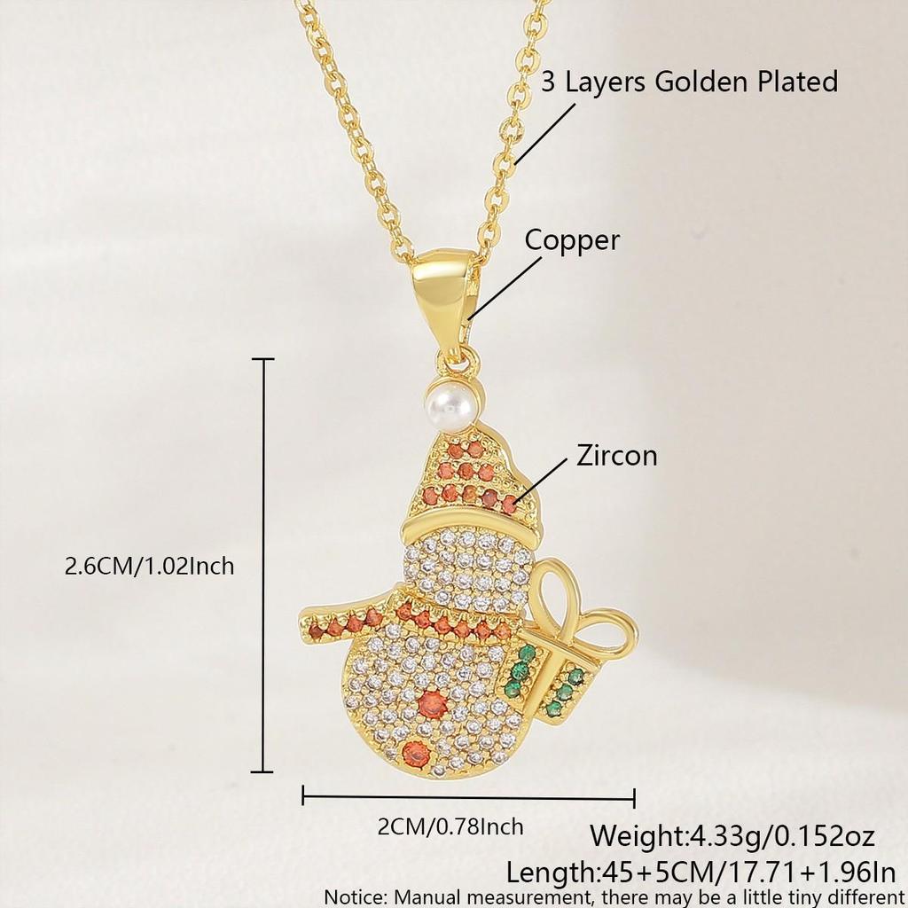 Copper Zircon-Embellished Christmas Tree & Snowman Pendant Necklace