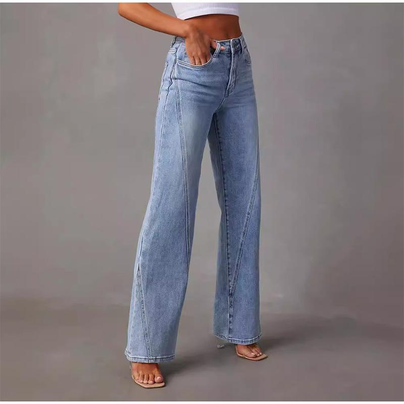 2026 Spring Summer Loose Slim-Fitting Patchwork Wide Leg Women's Jeans Solid Color Denim Pants Trousers Office Lady Jean