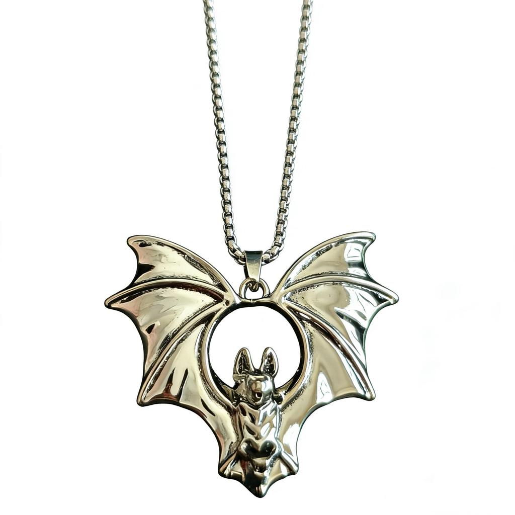 Gothic Bat Pendant Necklace with Metal Wings - Halloween Jewelry Charm Accessories